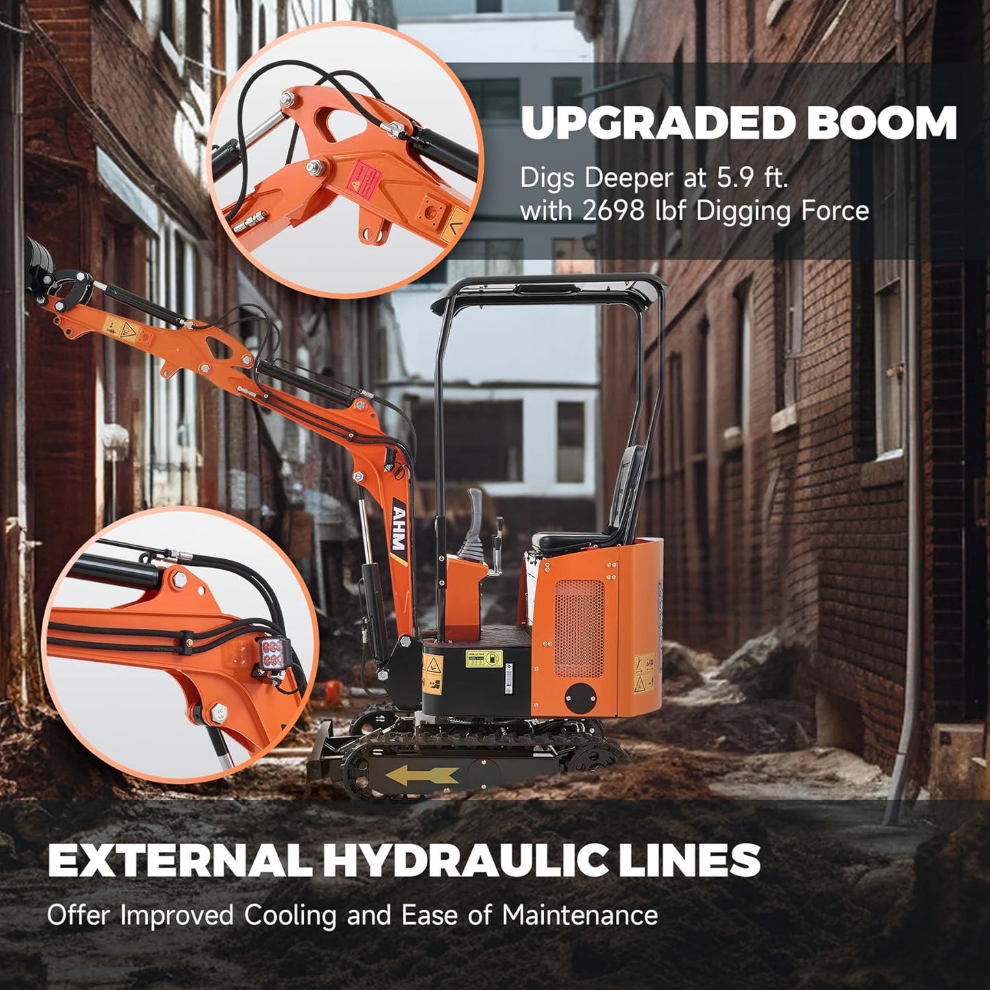 AHM Mini Excavator, 1 Ton Mini Digger with Kubota D722 Engine & 2698 lbf Digging Force, Small Crawler for Home Garden Farm Construction Site, Compact Trench Digger with Upgraded Boom & Rain Canopy