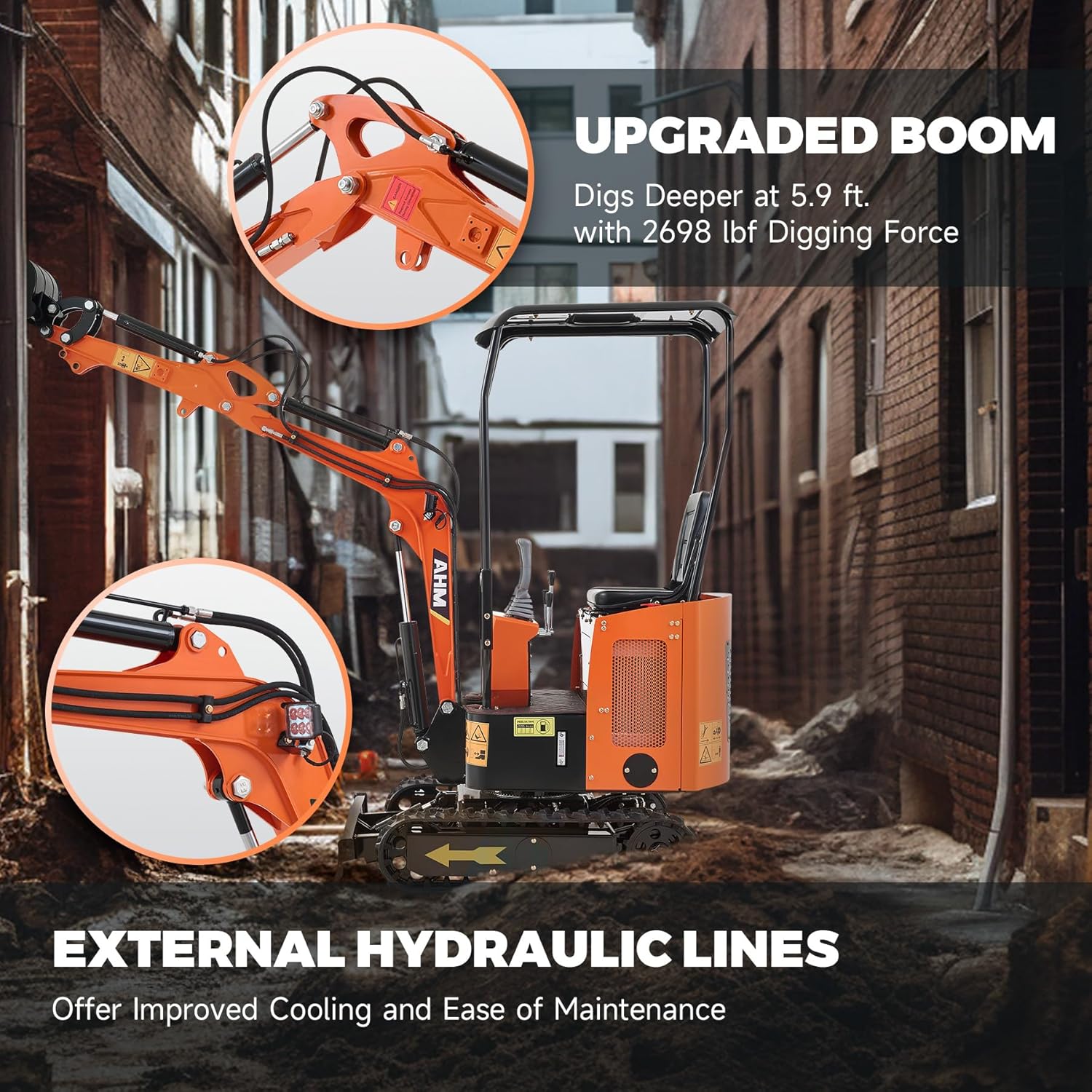 AHM Mini Excavator, 1 Ton Mini Digger with Kubota D722 Engine & 2698 lbf Digging Force, Small Crawler for Home Garden Farm Construction Site, Compact Trench Digger with Upgraded Boom & Rain Canopy