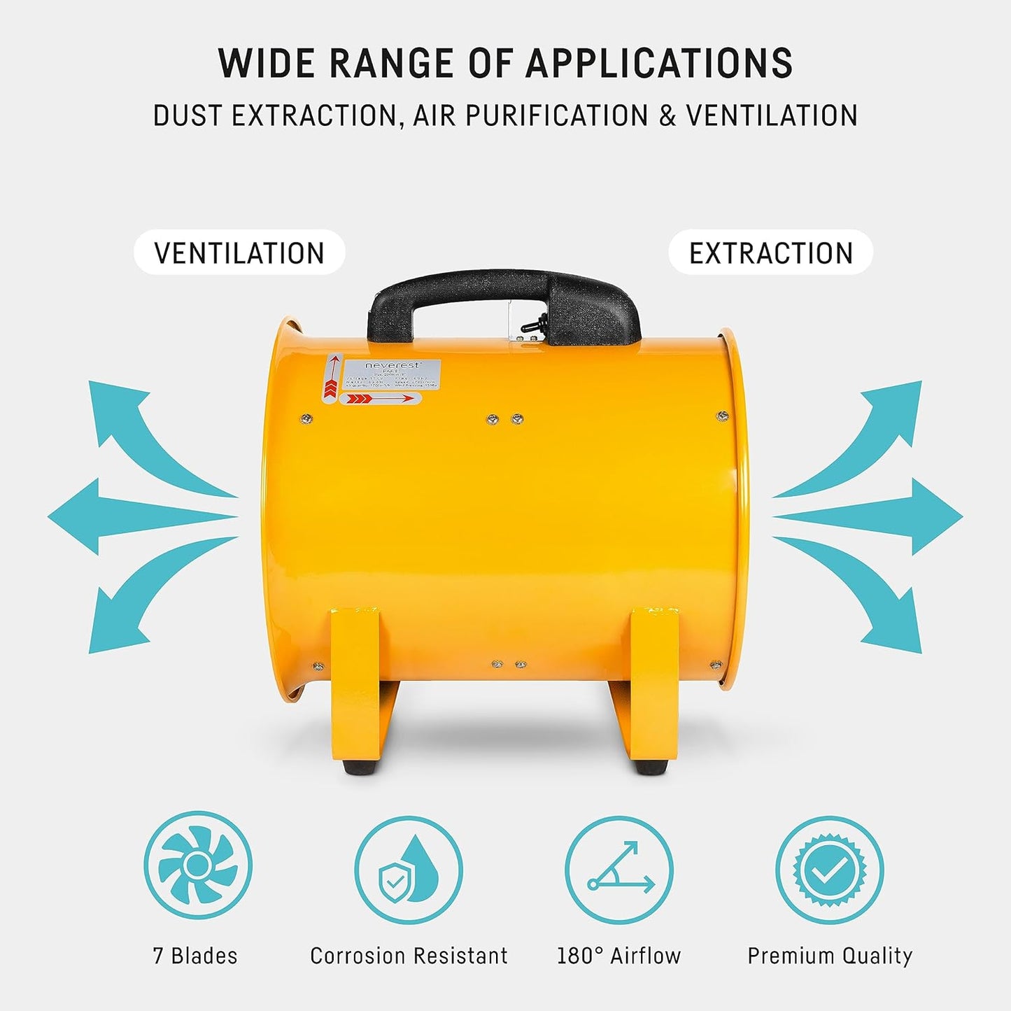 neverest® 12-Inch Industrial Blower Fan, High-Powered 4100 CFM Portable Blower/Exhaust Fan with 32ft Flexible Hose, 7ft Cable/Plug, Heavy-Duty Exhaust Fan for Construction, Workshops