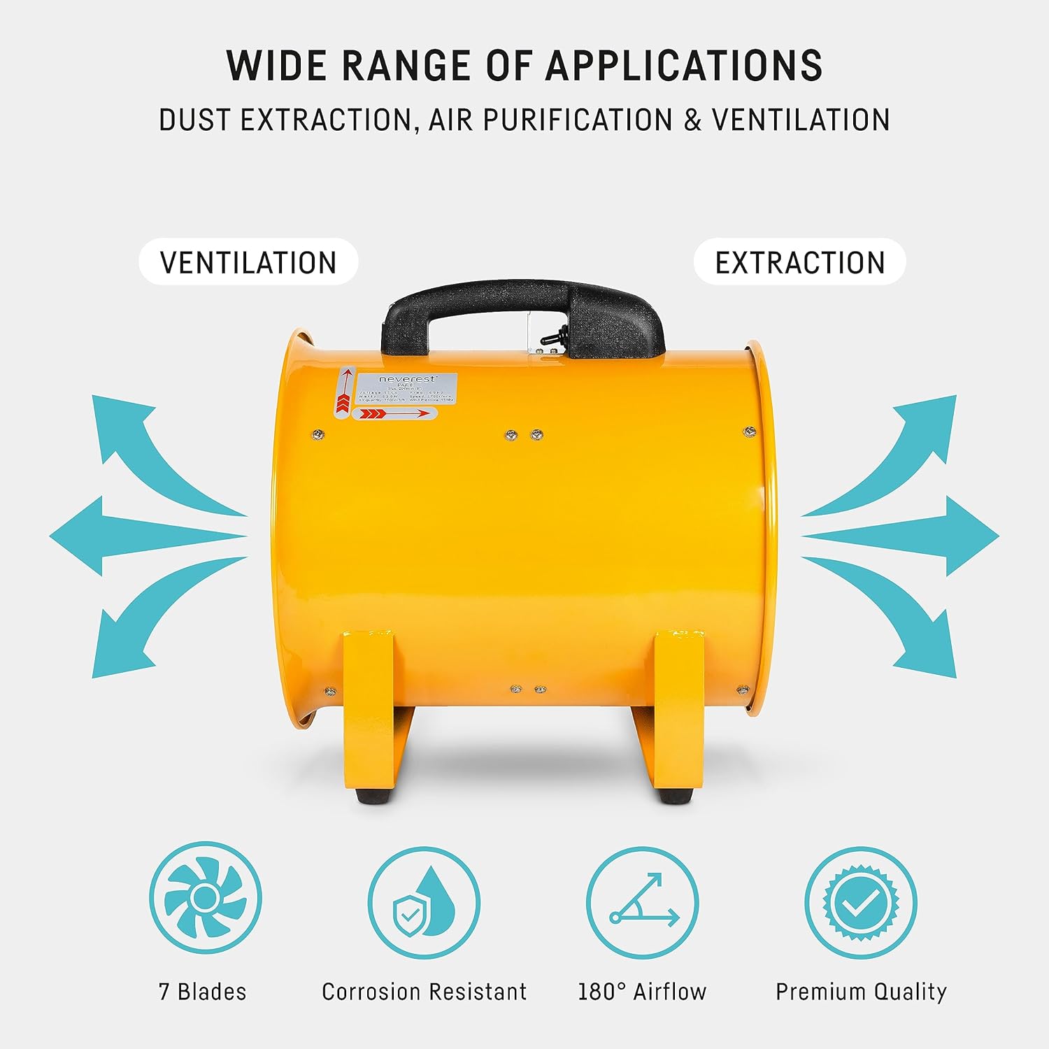 neverest® 12-Inch Industrial Blower Fan, High-Powered 4100 CFM Portable Blower/Exhaust Fan with 32ft Flexible Hose, 7ft Cable/Plug, Heavy-Duty Exhaust Fan for Construction, Workshops
