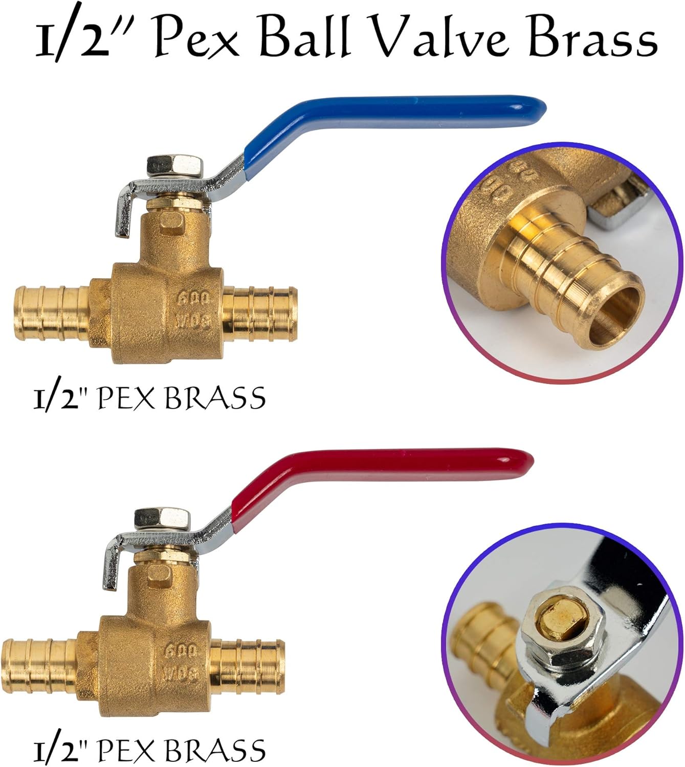 Hourleey 10 Pieces 1/2 Inch Pex Brass Full Port Shut Off Ball Valve HOT AND COLD, Quarter Turn HOT (RED) COLD (BLUE) of Brass Water Stop Shutt off