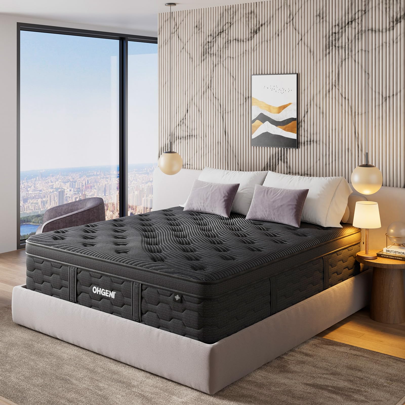 OhGeni 14 Inch Cooling Queen Size Mattress, Hybrid Gel-infused Memory Foam Bed Mattresses in a Box, Medium Feel Cool Top Fabric,Individual Pocket Spring, 3-Zone design & Reinforced Edge Support, Black