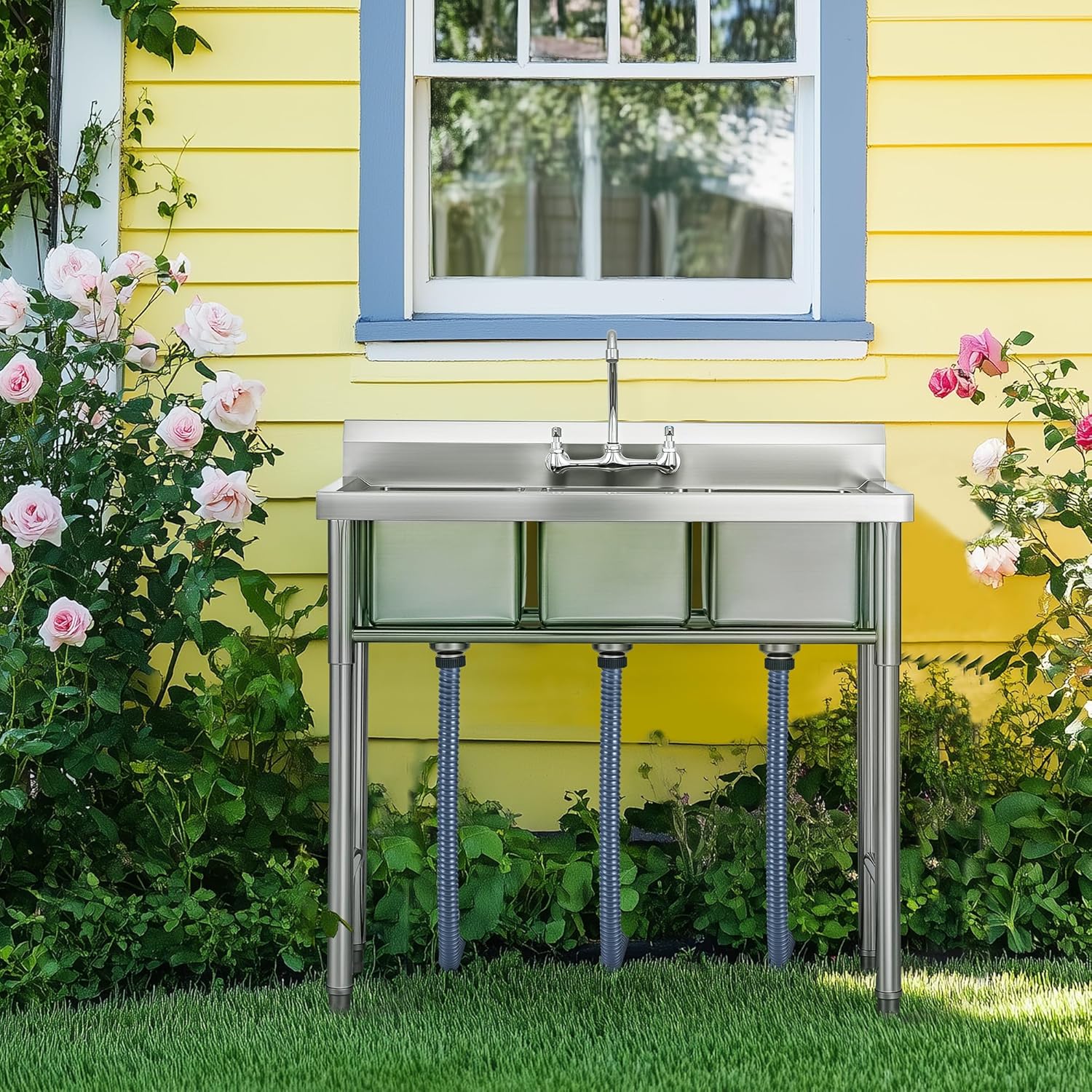 WILPREP Stainless Steel 3 Compartment Commercial Sink with s, Kitche Station with 11x10 Inch Basins, Utility Sink for Restaurant Bar Home Laundry Room Garage