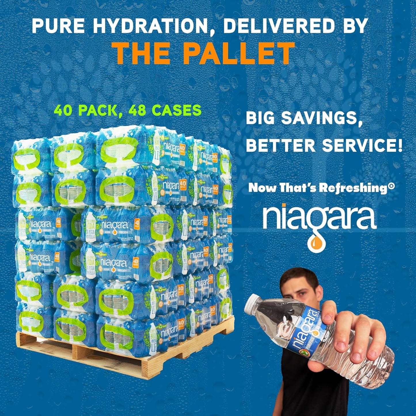 Niagara Purified Drinking Water - 16.9oz Bottles, 40 bottles per case 48 cases per pallet - Full Pallet - 1920 Bottles delivered by Waterpallets