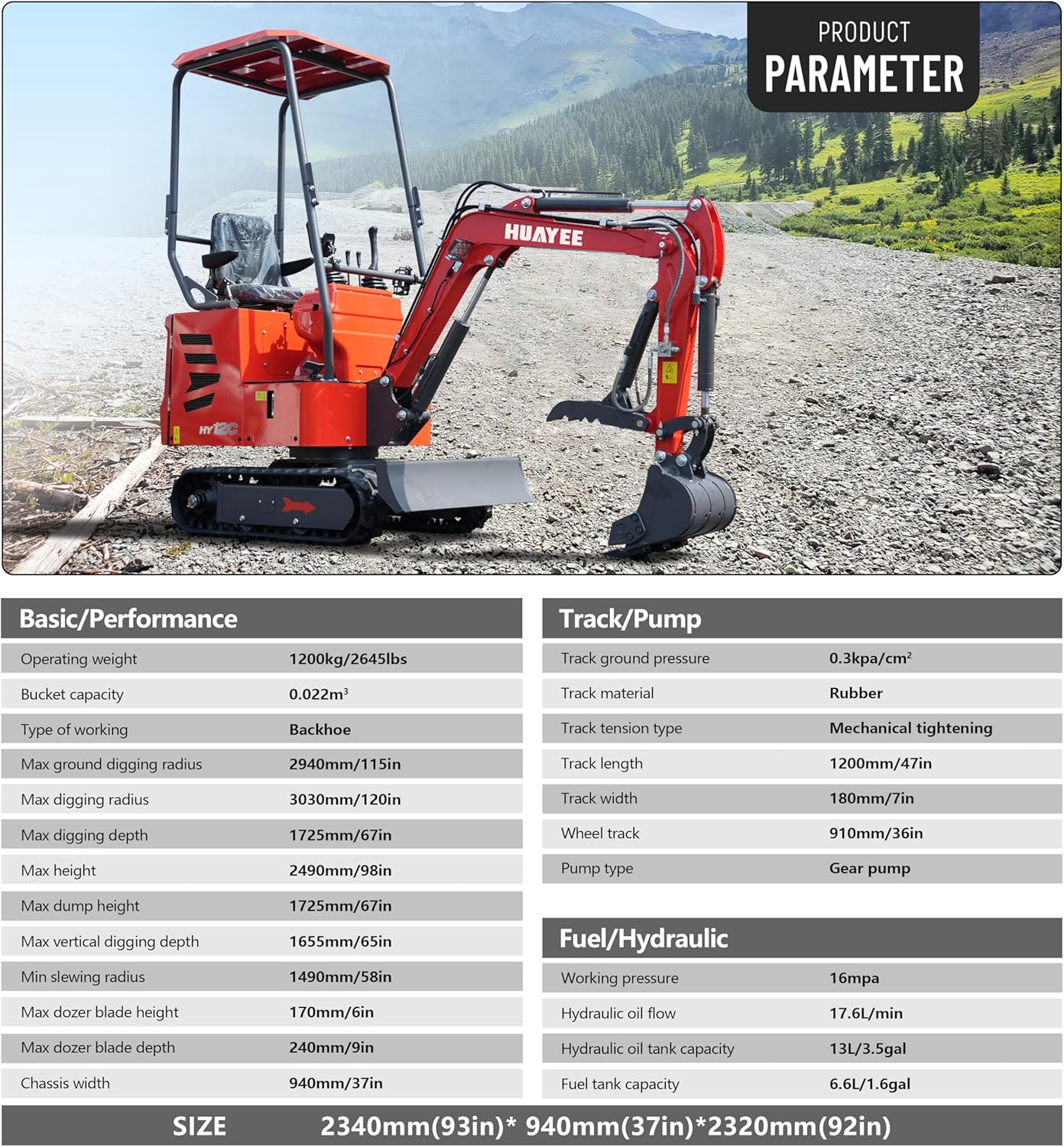 HY12C 1.2 Ton Mini Excavator with Hydraulic Thumb, 13.5HP Gasoline Engine EPA Certified, Compact Tracked Digger for Material Handling, Trenching, Landscaping, Includes delivery & unloading services