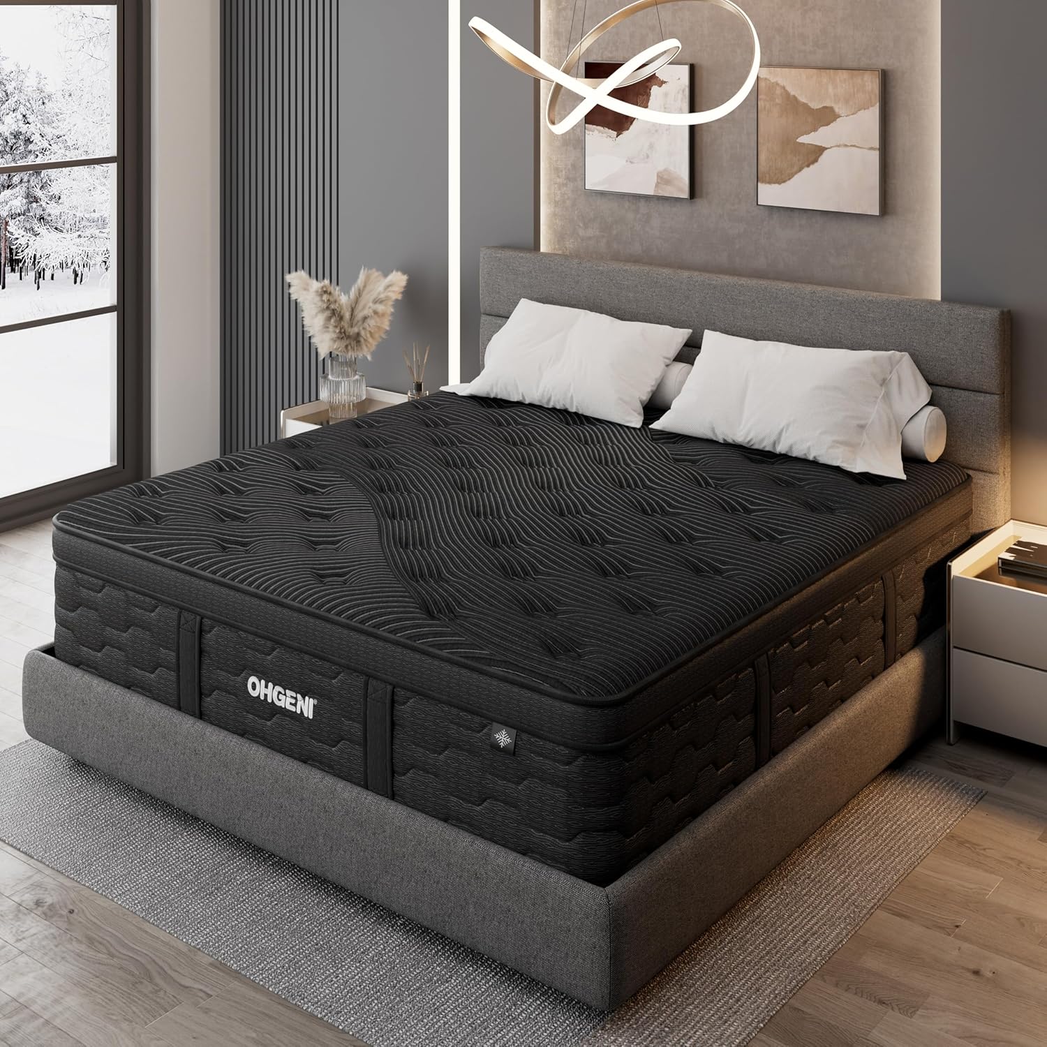 OhGeni 14 Inch Cooling Queen Size Mattress, Hybrid Gel-infused Memory Foam Bed Mattresses in a Box, Medium Feel Cool Top Fabric,Individual Pocket Spring, 3-Zone design & Reinforced Edge Support, Black