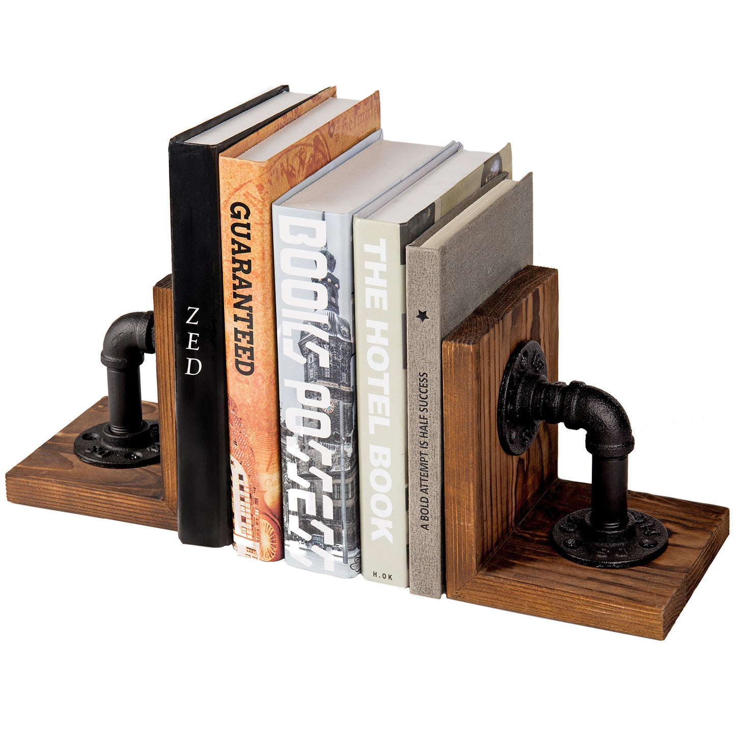 MyGift Book Ends,Bookends for Shelves,Metal Bookends for Heavy Books,Wood Decorative Book Stopper,with Realistic Industrial Pipe Design,Dark Brown Book End for Home Office