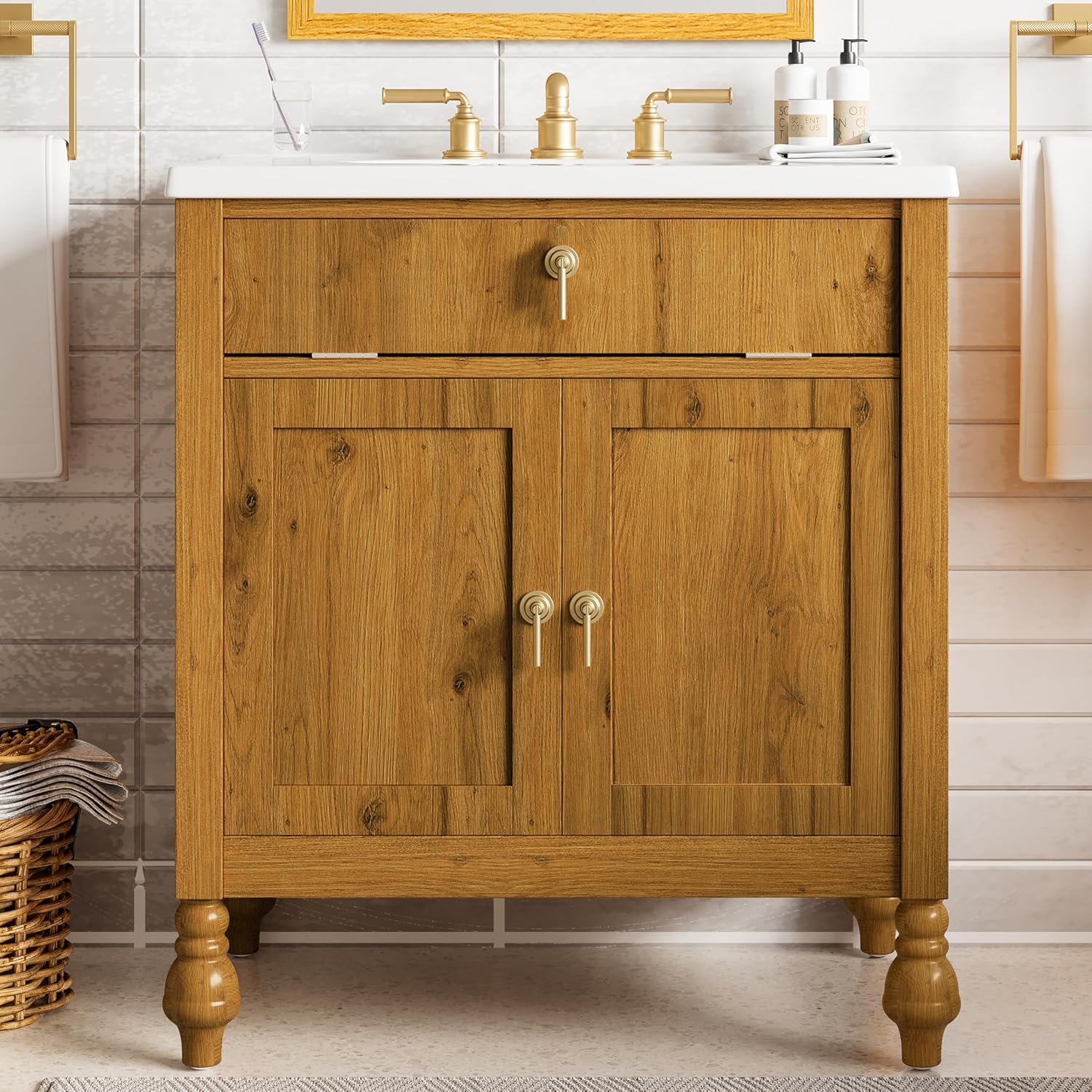 30-Inch Walnut Bathroom Vanity with Shell-Shaped Sink, Flip-Up Storage & Soft-Close Doors, 2 Tier Storage Cabinet, Ample Capacity,Modern Farmhouse Design – Small & Medium Bathrooms