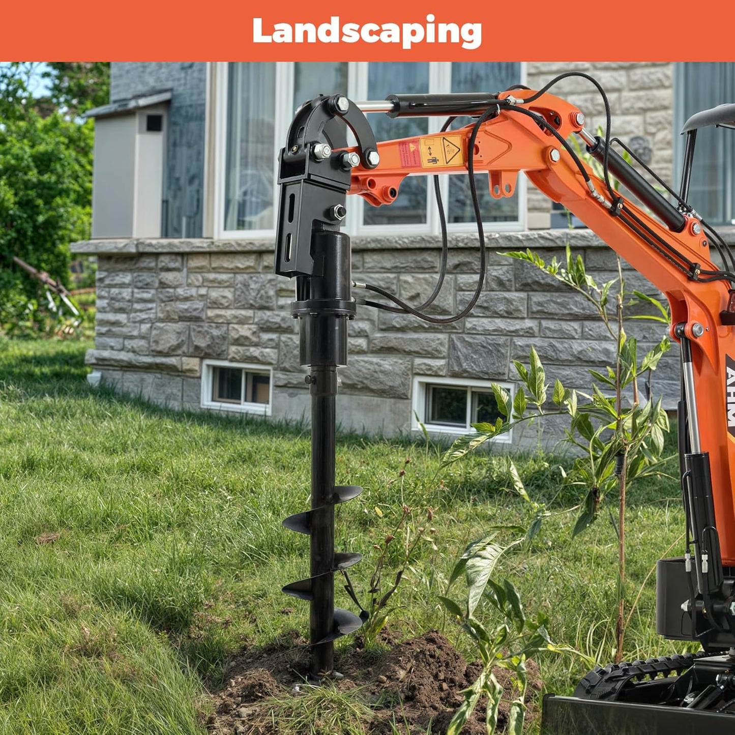 AHM Auger Drill Attachment for Mini Excavator, Hydraulic Mini Excavator Attachment with 2 Hydraulic Hoses, 8" Diameter 47" Depth, Mini Excavator Earth Auger Drive for Drilling Digging Planting