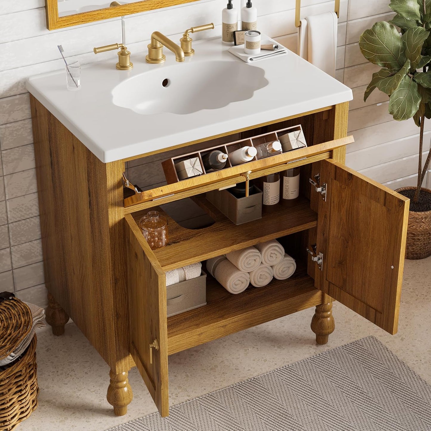 30-Inch Walnut Bathroom Vanity with Shell-Shaped Sink, Flip-Up Storage & Soft-Close Doors, 2 Tier Storage Cabinet, Ample Capacity,Modern Farmhouse Design – Small & Medium Bathrooms