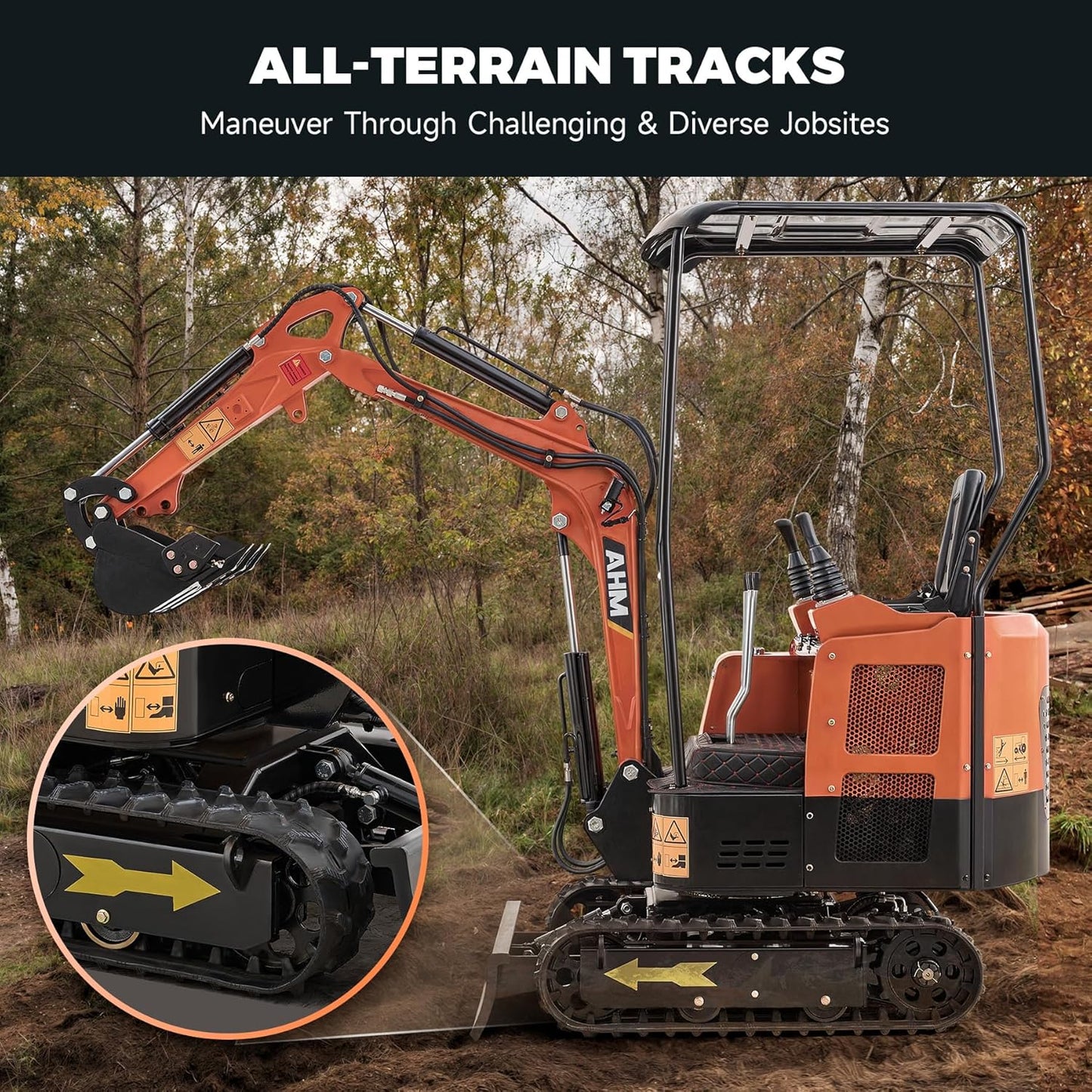 AHM 23HP Mini Excavator Machine with Quick Change Hitch, 1.3 Ton Crawler Excavator with EPA Certified Gasoline Engine, Trench Digger with Canopy & Adjustable Seat for Garden Farm Construction Site