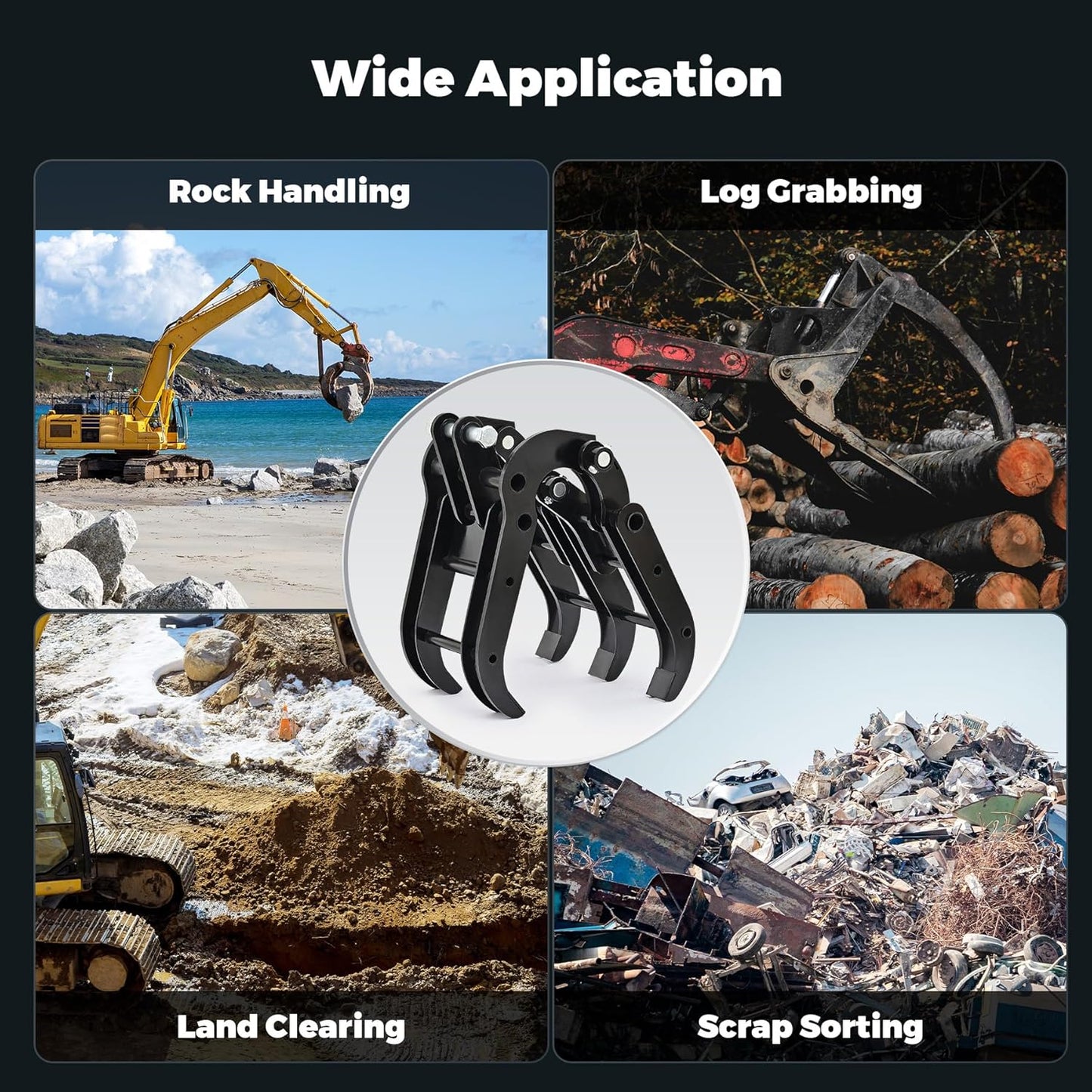 AHM Mini Excavator Grabber Attachment, Wood Grapple for Small Diggers Machinery up to 2 Tons, Mechanical Metal Gripper Excavator Accessories for Rock Handling Log Moving