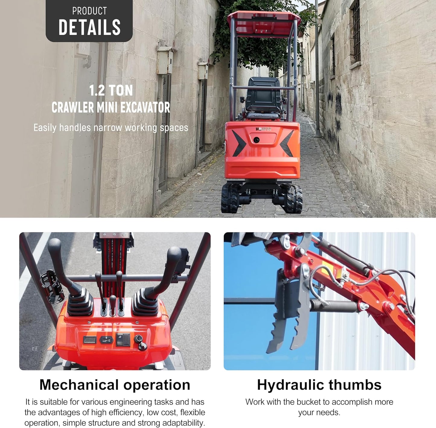 HY12C 1.2 Ton Mini Excavator with Hydraulic Thumb, 13.5HP Gasoline Engine EPA Certified, Compact Tracked Digger for Material Handling, Trenching, Landscaping, Includes delivery & unloading services