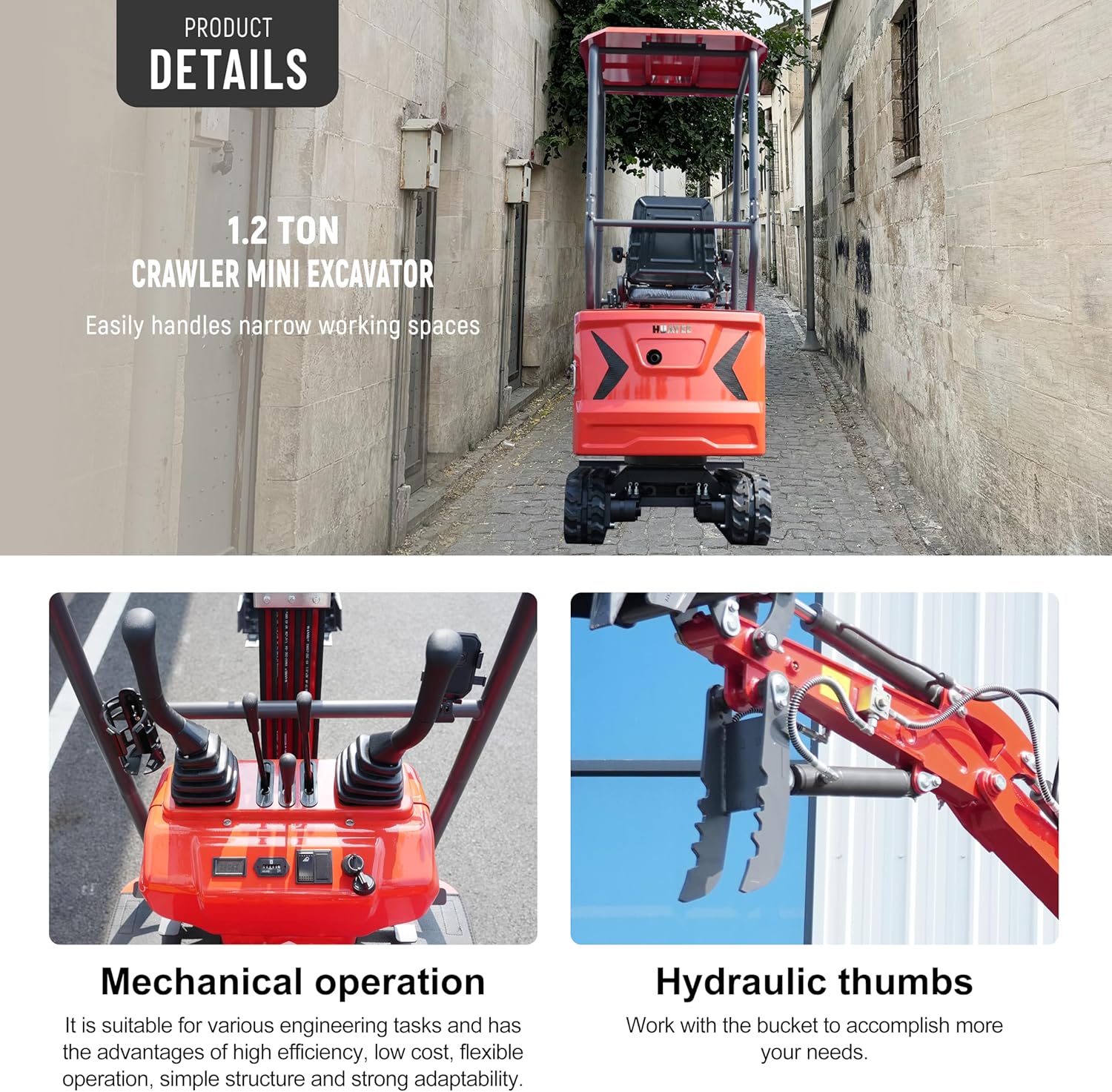 HY12C 1.2 Ton Mini Excavator with Hydraulic Thumb, 13.5HP Gasoline Engine EPA Certified, Compact Tracked Digger for Material Handling, Trenching, Landscaping, Includes delivery & unloading services