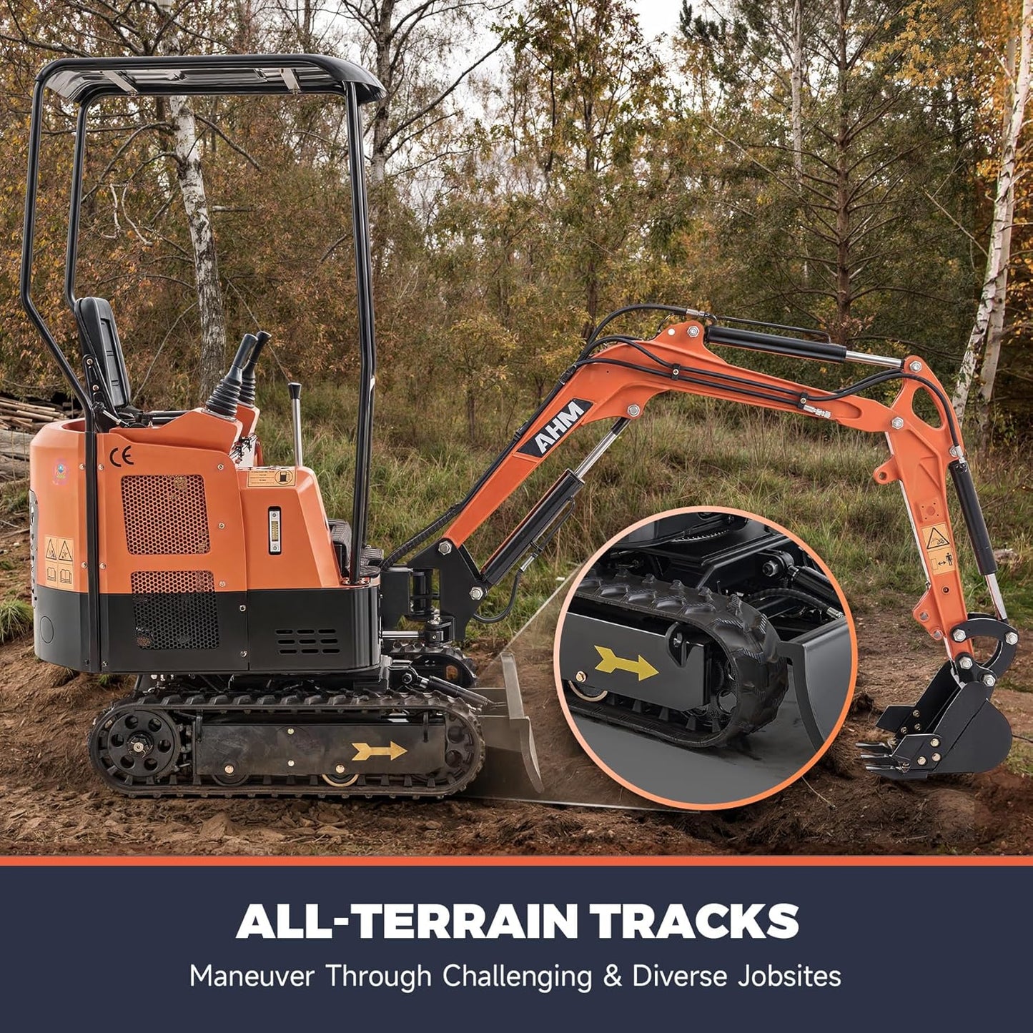 AHM 23hp Mini Excavator with Hydraulic Thumb Rake Grapple Quick Hitch, 1 Ton Crawler Excavator with Swing Boom & All-Terrain Tracks, Trench Digger for Garden Farm Construction Site Trenching Digging