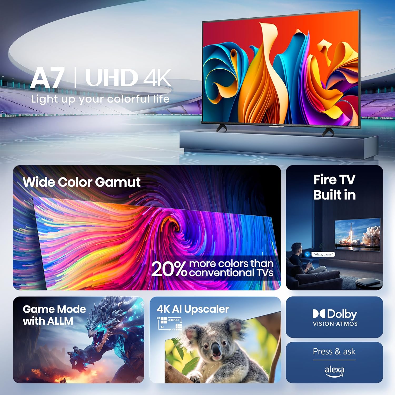 Hisense 50" Class A7 Series (50A7NF,2025 Model) 4K UHD Smart Fire TV, Voice Remote with Alexa, Wide Color Gamut, HDR10+, Dolby Vision, Dolby Atmos, Game Mode, ALLM, Stream Live TV Without Cable