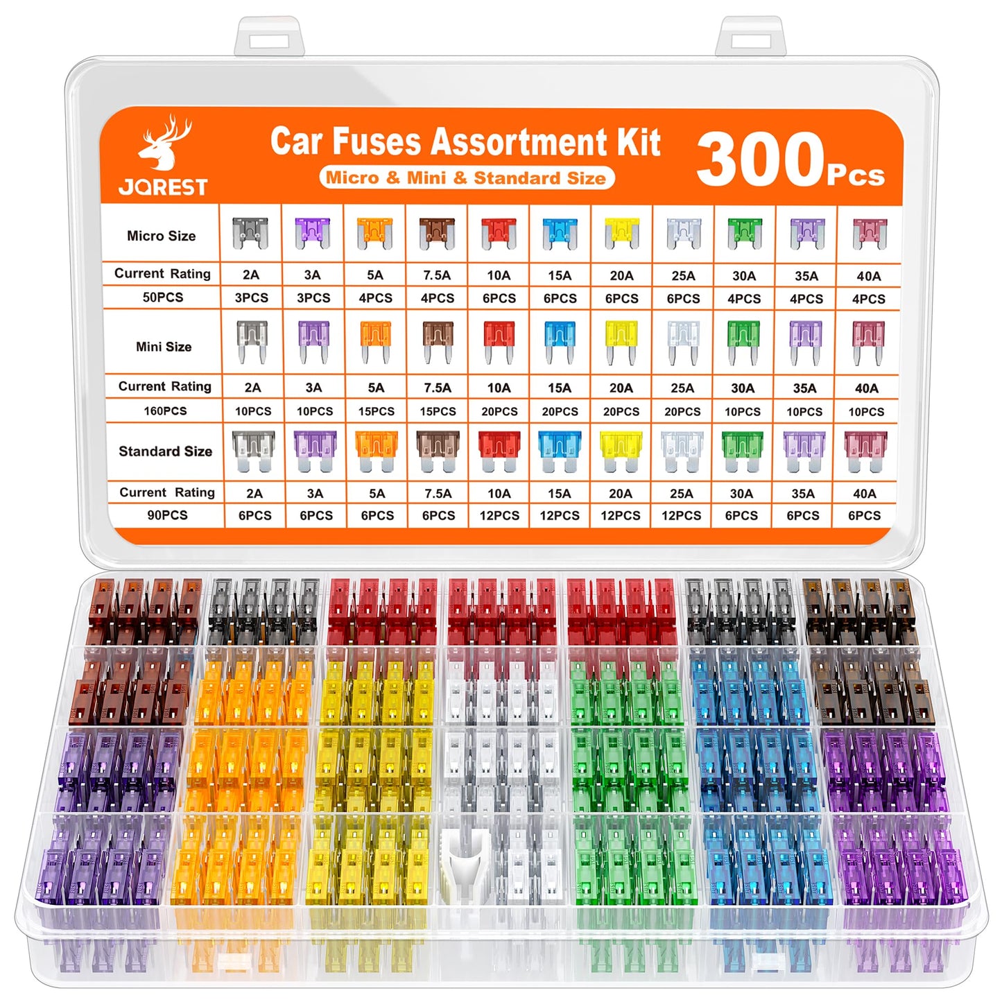 JOREST 360Pcs Car Fuse Assortment Kit, 160 Mini Blade Fuses Automotive + 90 Standard Auto Fuses + 50 Micro Fuse + 60 Micro2 – for RV/Truck/Motorcycle(2A 3A 5A 7.5A 10A 15A 20A 25A 30A 35A 40A)