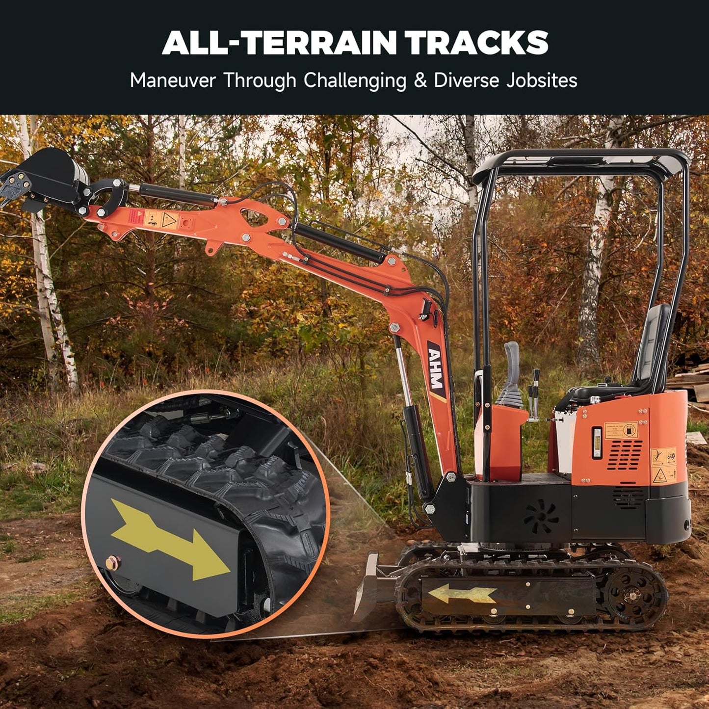 AHM Mini Excavator Machine with Thumb Clip Hammer Auger Rake Grabber Quick Hitch, 1 Ton Mini Trenching Digger Crawler with 13.5 hp EPA Certified Engine for Garden Farm Park Construction Site