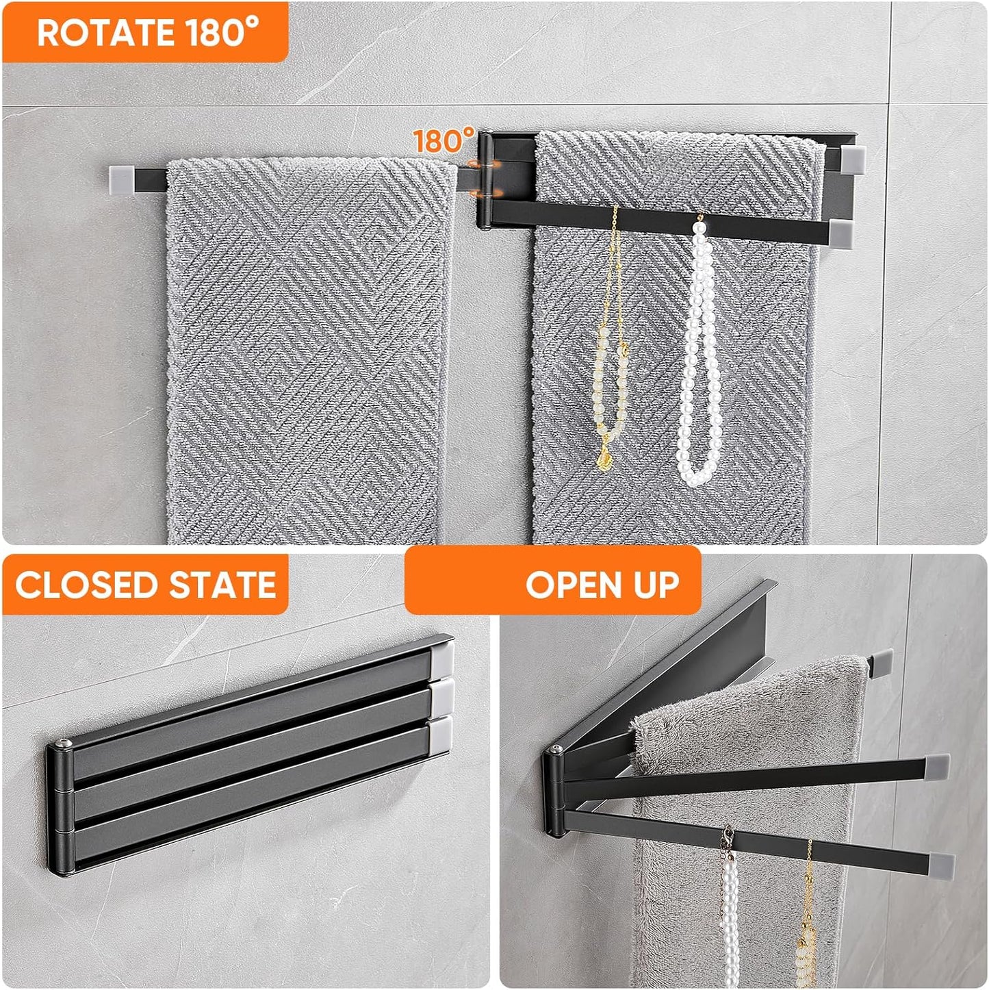 OWOFAN Swivel Towel Bars 3-Arm Towel Rack Swing Out Towel Holder for Bathroom Kitchen Toilet Wall Mount Drying Towel Bars for Laundry Matte Black