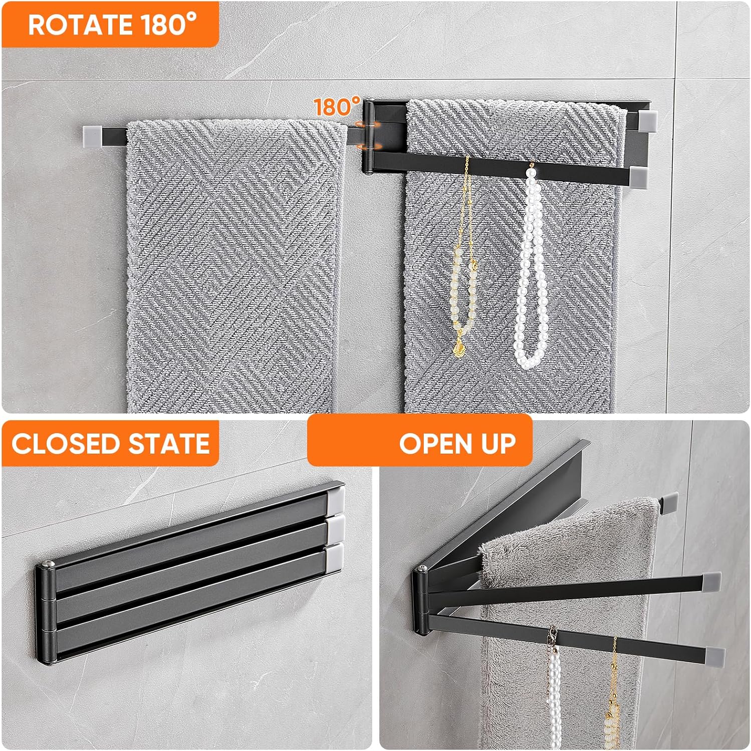 OWOFAN Swivel Towel Bars 3-Arm Towel Rack Swing Out Towel Holder for Bathroom Kitchen Toilet Wall Mount Drying Towel Bars for Laundry Matte Black