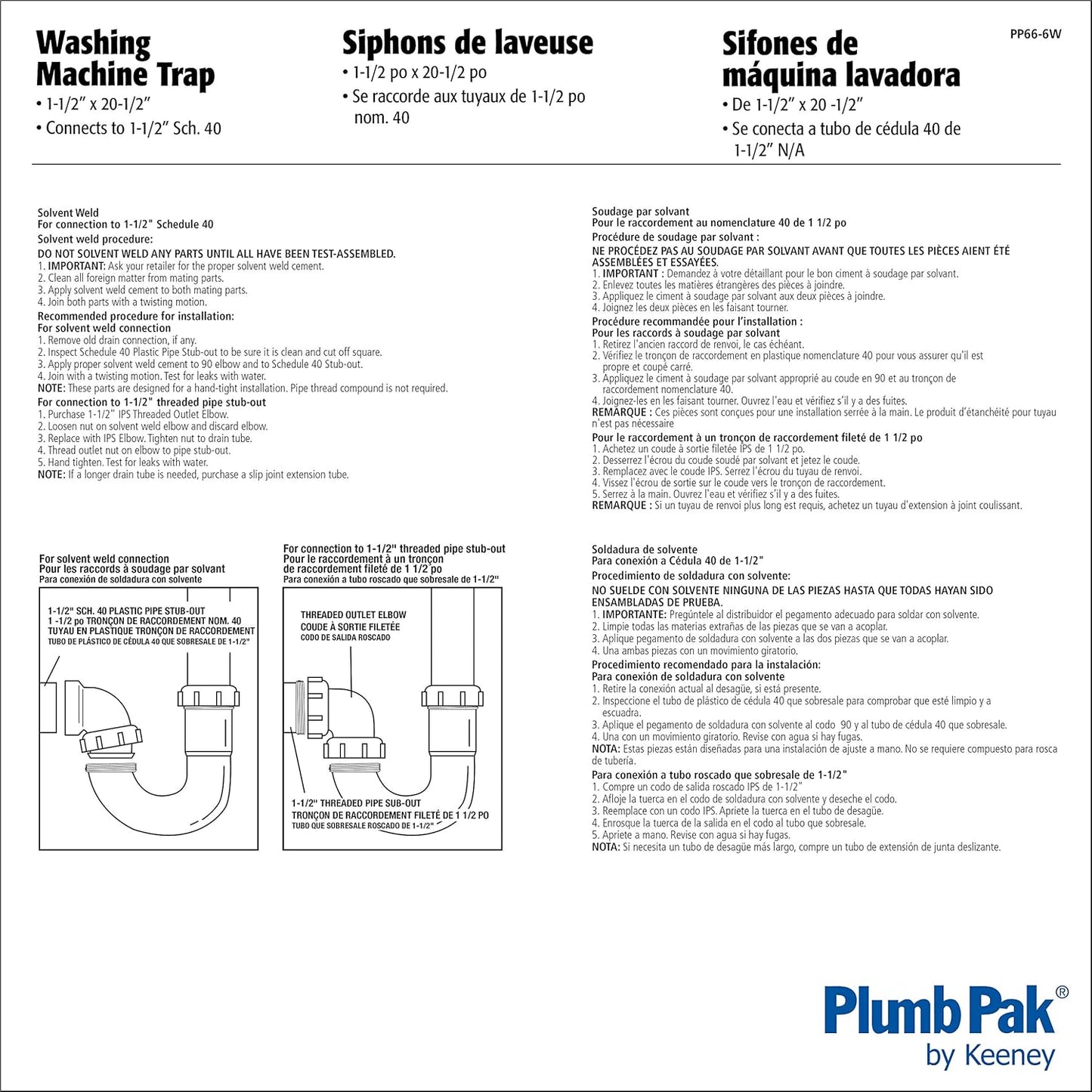 Plumb Pak PP66-6W Washing Machine Trap, Inlet, Solvent Weld, Plastic, 1-1/2 x 20-1/2", White