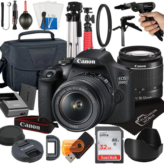 Canon EOS 2000D / Rebel T7 DSLR Camera with 18-55mm Zoom Lens + Platinum Mobile Accessory Bundle Package Includes: SanDisk 32GB Card Case and More (21pc) (Renewed)